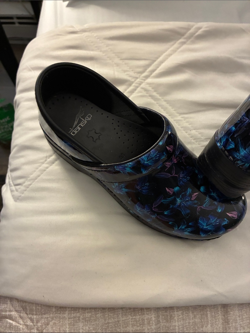 Dansko Black Patent Clog with Blue and Purple Floral Print